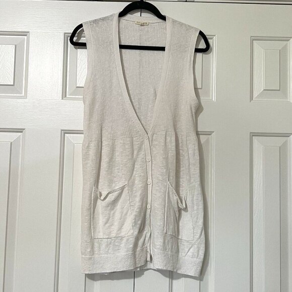 EILEEN FISHER Linen Cotton Slub Button Front Sweater Vest Cardigan White Size L - Picture 1 of 6
